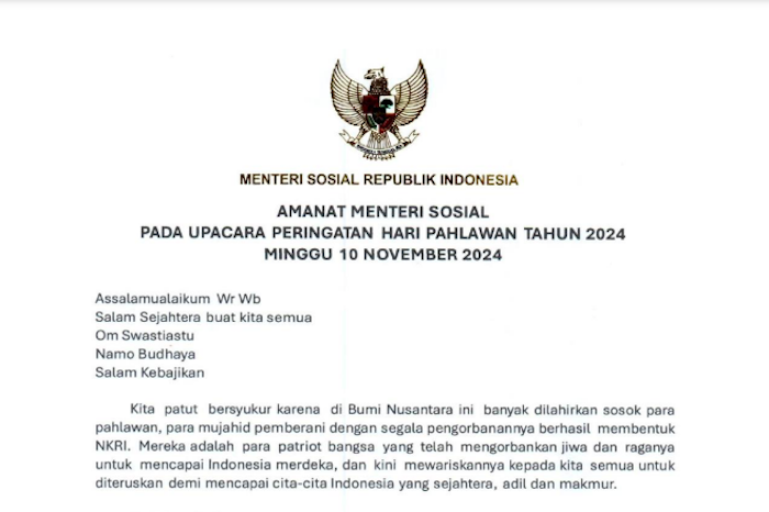 LINK PDF SAMBUTAN Hari Pahlawan 2024 Resmi Menteri Sosial, DOWNLOAD untuk Amanat Pembina Upacara 10 November